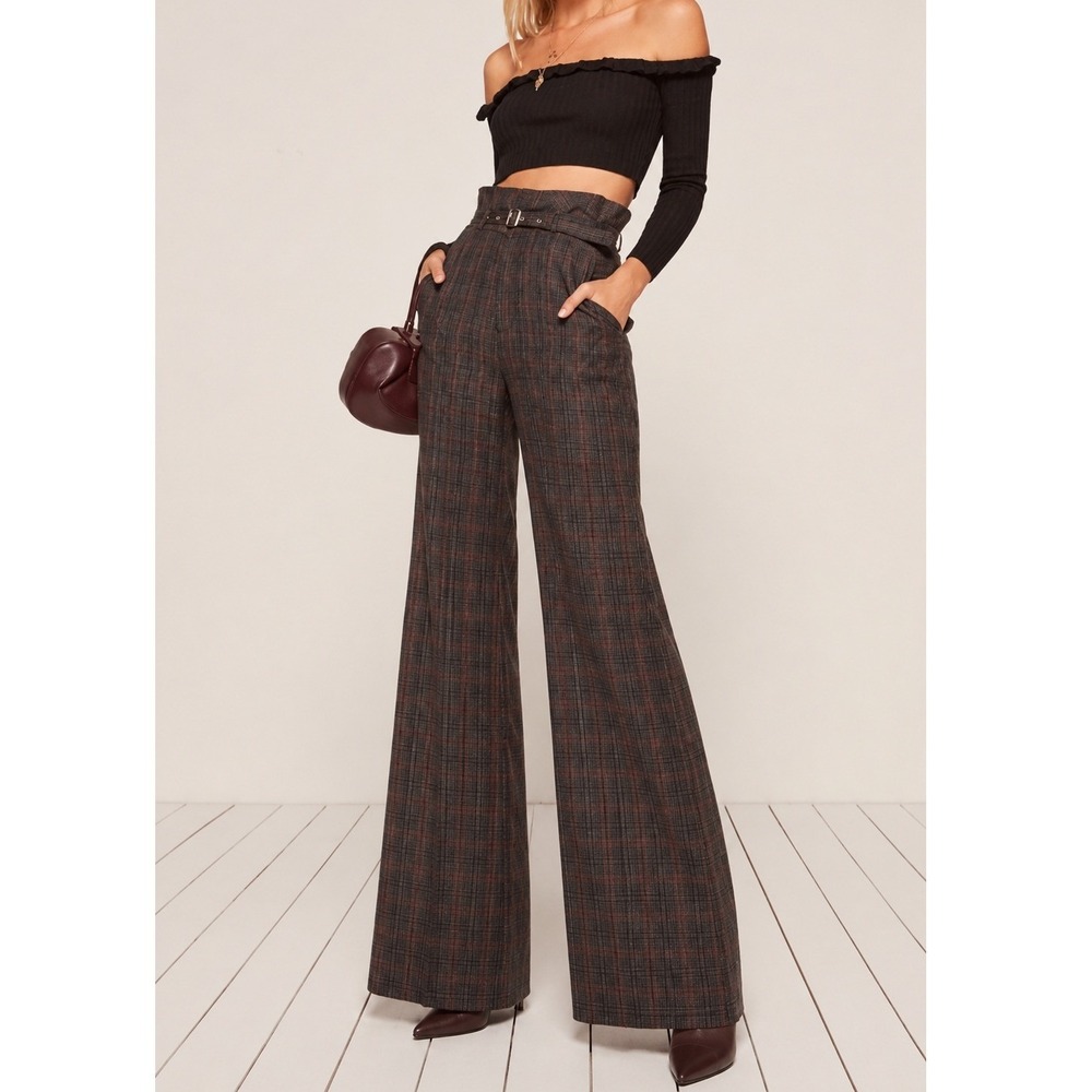 Reformation Belted Wide Leg Trouser Pants 2 Brown Plaid Dark Academia Career